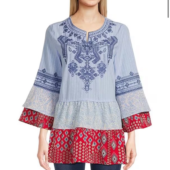 Calessa Patchwork Embroidered Split Round Neck 3/4 Tiered Ruffle Sleeve Tunic - Picture 1 of 11